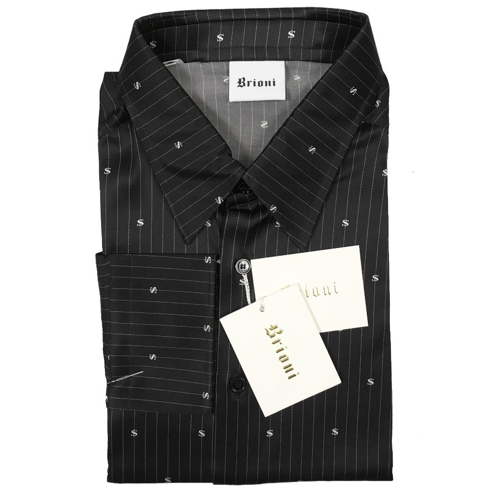NEW $900 Brioni Silk Shirt!  Large  Black With White Dot Stripes & Dollar Signs